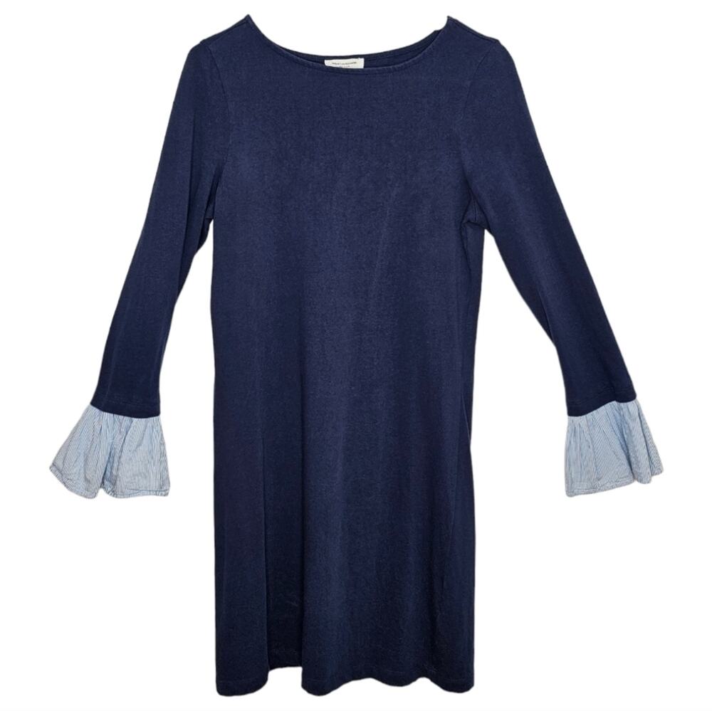 BeachLunchLounge Womens Blue Long Sleeve Stretch Dress Striped Bell Sleeve XS